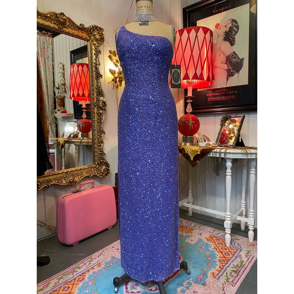 vintage 1990s purple beaded gown 90s sequin dress scala one shoulder open back s